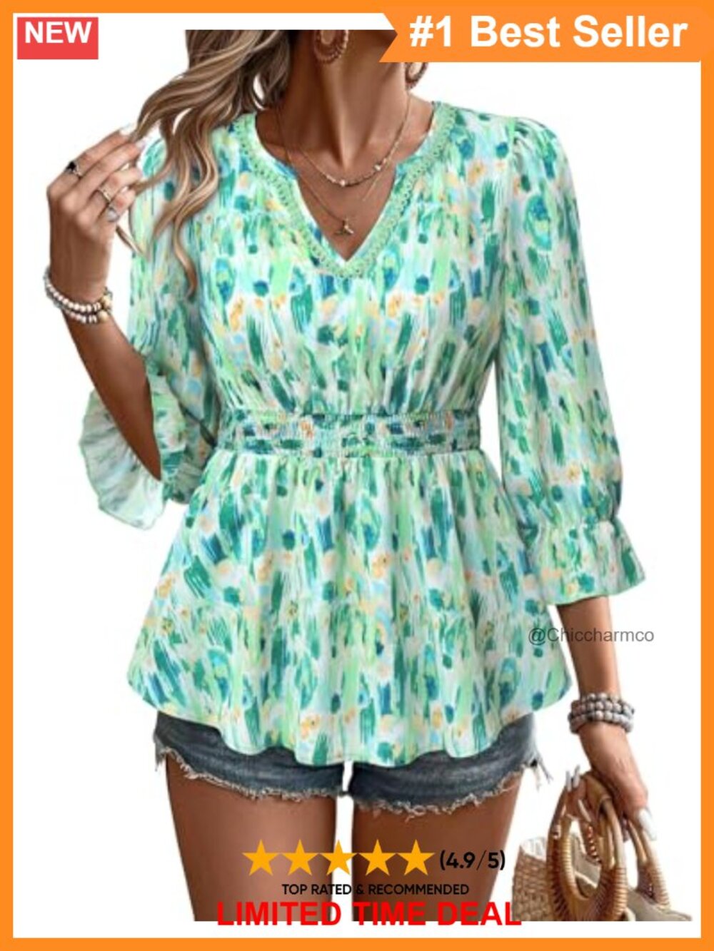 Womens 3/4 Sleeve Lace V-Neck Peplum Babydoll Blouse Paisley Top